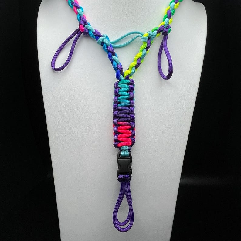 Pu&ograve; includere: Un cordino in paracord multicolore con un design intrecciato in rosa neon, viola, azzurro e verde lime. L'accessorio include una fibbia a sgancio laterale in plastica nera e diversi passanti integrati per il fissaggio.