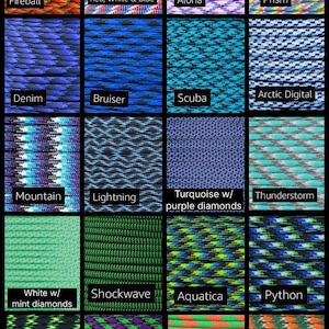 Pu&ograve; includere: Una griglia di venti campioni quadrati che mostrano vari motivi e colori di paracord, ciascuno etichettato con nomi come Fireball, Red, White & Blue, Aloha, Prism, Denim, Bruiser, Scuba, Arctic Digital, Mountain, Lightning, Turquoise w/ purple diamonds, Thunderstorm, White w/ mint diamonds, Shockwave, Aquatica, Python, Decay, Zombie, Safety e Hurricane.