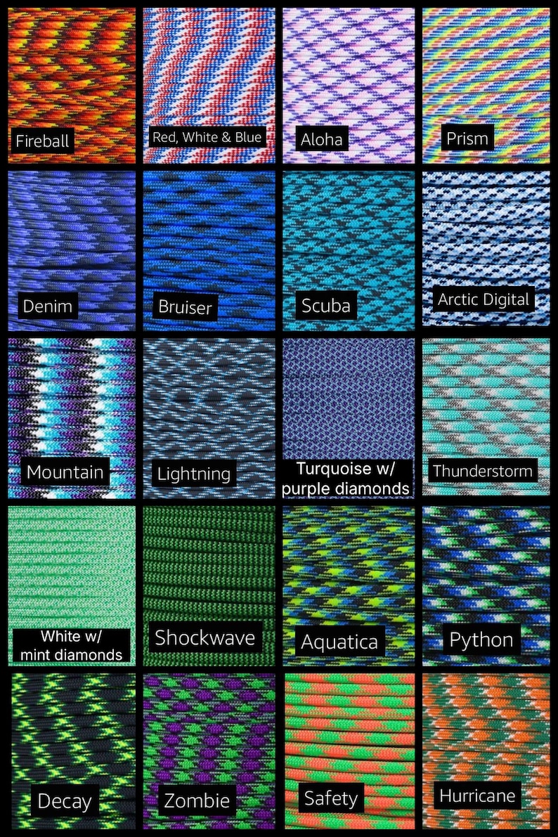 Pu&ograve; includere: Una griglia di venti campioni quadrati che mostrano vari motivi e colori di paracord, ciascuno etichettato con nomi come Fireball, Red, White & Blue, Aloha, Prism, Denim, Bruiser, Scuba, Arctic Digital, Mountain, Lightning, Turquoise w/ purple diamonds, Thunderstorm, White w/ mint diamonds, Shockwave, Aquatica, Python, Decay, Zombie, Safety e Hurricane.