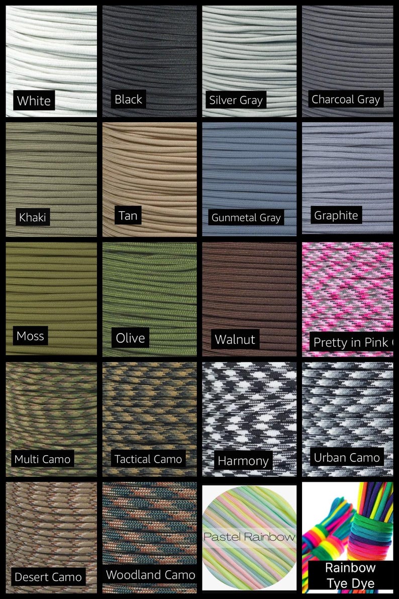 Pu&ograve; includere: Una griglia di venti campioni quadrati che mostrano vari colori e motivi di paracord. La collezione include colori solidi come bianco, nero, grigio argento, grigio antracite, kaki, marrone chiaro, grigio canna di fucile, grafite, muschio, oliva e noce, insieme a motivi mimetici, arcobaleno e tie-dye.