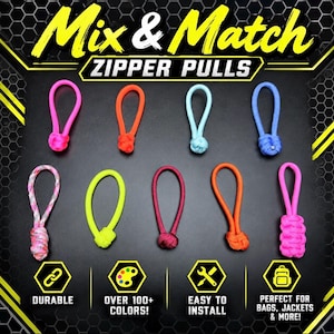 May include: A collection of nine colorful cord zipper pulls arranged in two rows. The top row features pink, orange, light blue, and blue pulls. The bottom row includes a patterned pink, neon yellow, dark red, orange, and a braided pink pull.