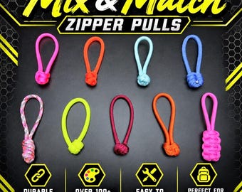 May include: A collection of nine colorful cord zipper pulls arranged in two rows. The top row features pink, orange, light blue, and blue pulls. The bottom row includes a patterned pink, neon yellow, dark red, orange, and a braided pink pull.