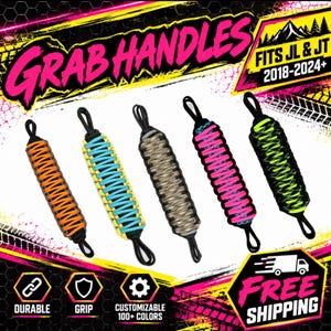 Può includere: Cinque maniglie di presa in paracord per veicoli JL e JT dal 2018-2024+. Le maniglie presentano motivi intrecciati in arancione, blu e giallo, beige, rosa e verde neon. Ogni maniglia ha anelli neri alle estremità e il testo GRAB HANDLES.