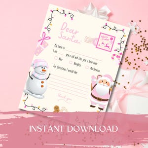 Carta a Papá Noel para imprimir, fácil de imprimir, descarga instantánea. Carta rosa a Papá Noel