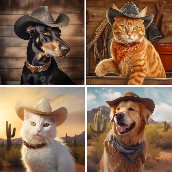 Custom Cowboy Pet Portrait -  Personalized Dog and Cat in Cowboy Costumes - Cowboy Gifts - Western Wall Decor- Digital Pet Portrait Print