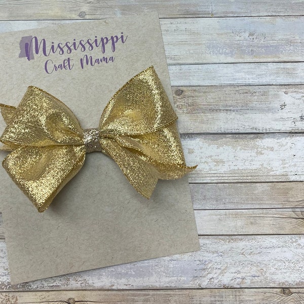 Bow 4 inches, gold hair bow, fancy bows, girls holiday dress, sparkly hair bow, gold metallic ribbon, gold Christmas bow, holiday hair bows