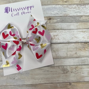 Valentine’s Day bows, bow with hearts, infant bow headband, heart hair clip, February Birthday, 4 in valentine bow, red pink and gold hearts
