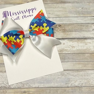 Autism Awareness Hair Bow: 4 inch Puzzle Ribbon Bow
