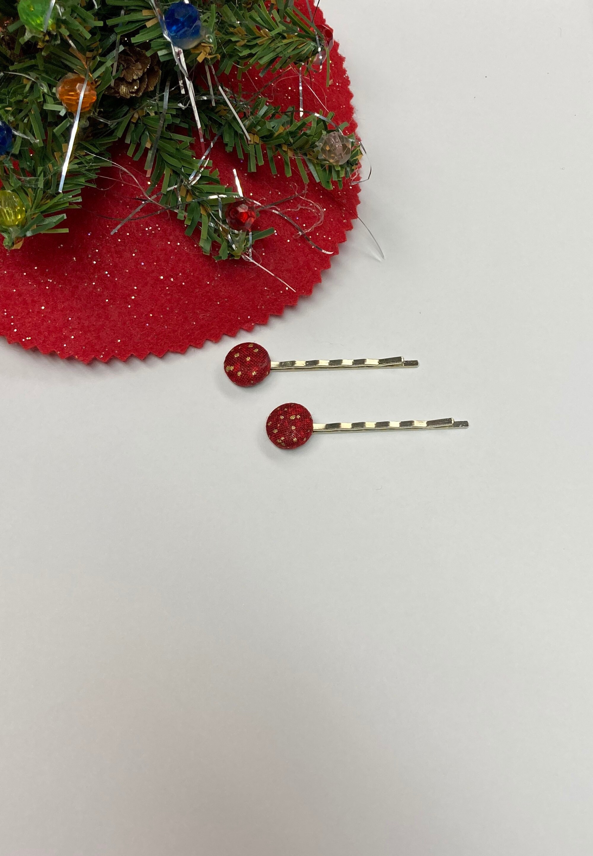 Red & Gold Fabric Hair Pins: Holiday Bobby Pins - Set of 2 