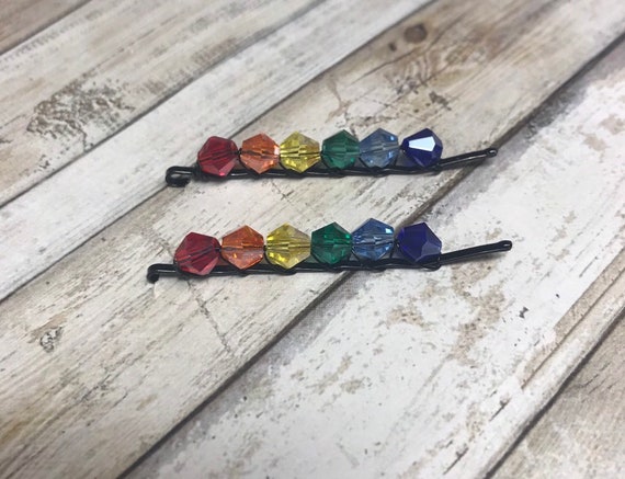 Beaded Bobby Pins: Rainbow Crystal Hair Clips (set of 2) - Etsy display picture 3