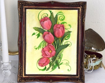 Peinture sculpturale Art mural floral 3d Tulipes Fête des mères de la fille