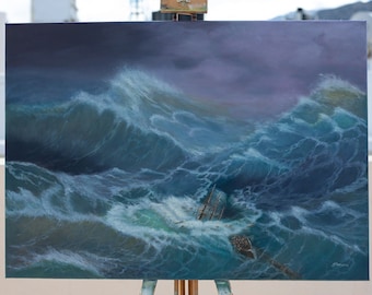 Paysage marin Peinture à l'huile nautique originale sur toile.