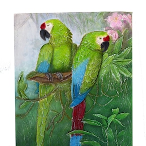 Relief painting Two Parrots on a wooden board Housewarming gift