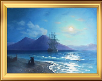 Mondfahrt auf dem Mond – Ölgemälde Inspiriert von Aivazovsky, Meerlandschaft Wandbild, Segelschiff bei Nacht, Handgemachte Leinwand Kunst