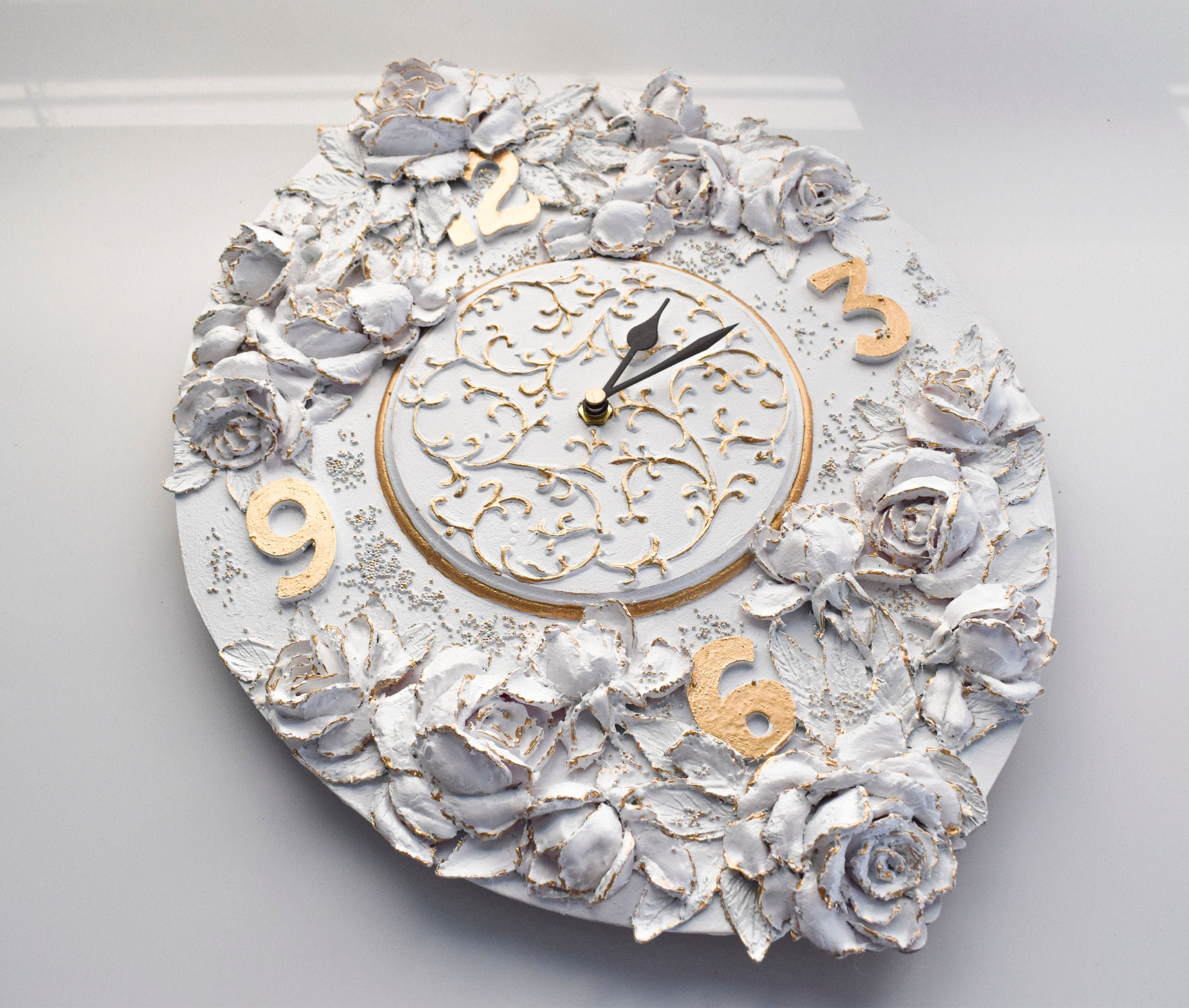 Original Handmade White Romantic Wall Clock With Roses Etsy
