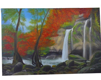 Author's oil painting on canvas Autumn waterfall