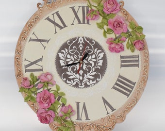 Grand mur horloge romantique floral wall art avec des roses