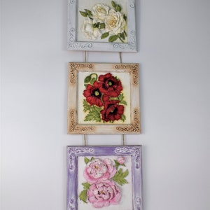 Triptyque 3D sur bois Roses Pivoines Pavot