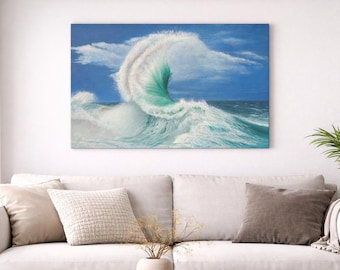 Original Oil Painting Ocean Wave on Canvas, Seascape Art, Coastal Wall Decor, Large Beach House Artwork, Blue Sea Painting