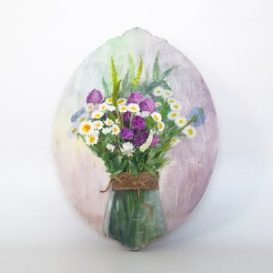 Original painting 3d bouquet in a glass vase on wood