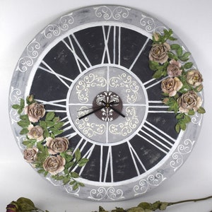 Big Wall Clock with roses Handmade Wooden Clock Romantic Style