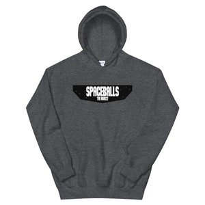 May include: A dark gray hooded sweatshirt with a black and white graphic print of the text "Spaceballs: The Movie" on the front.