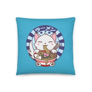 Kawaii Cat Kitten Eating Japanese Ramen Noodles Basic Pillow