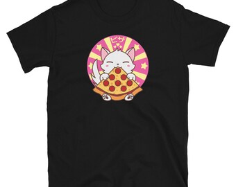Kawaii gato gatito comiendo pizza rebanada camiseta unisex de manga corta