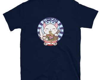 Kawaii Cat Kitten Eating Japanese Ramen Noodles Short-Sleeve Unisex T-Shirt