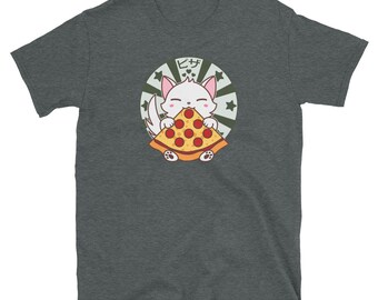 Gatito gato Kawaii comiendo pizza Slice camiseta unisex de manga corta