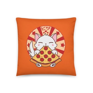Kawaii Cat Kitten Eating Pizza Slice Basic Pillow