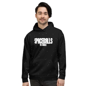 May include: Black hoodie with a white print that says "Spaceballs The Hoodie" on the front. The hoodie has a white star pattern.