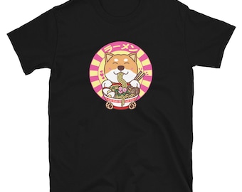 Shiba Inu Kawaii Eating Ramen Noodles Short-Sleeve Unisex T-Shirt