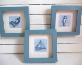 Set of three small frames, sea atmosphere, boat, dolphin, seahorse, wall decoration