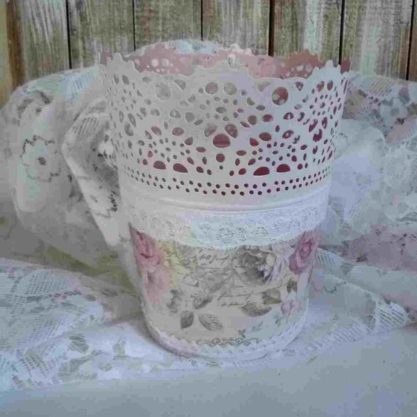 Cache pot dentelle , rose pastel, fleur, plante, jardin, shabby, déco