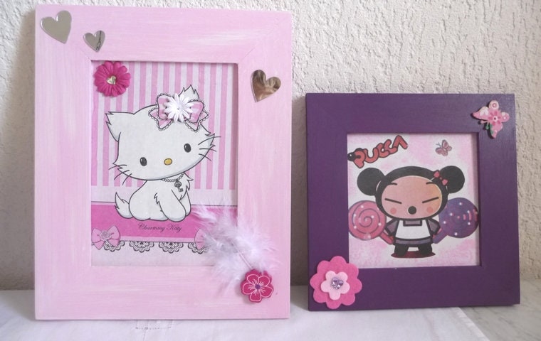 Deux Cadres Fillette , Pucca, Kitty, Déco Chambre Enfant, Fait Main