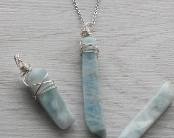 Wire Wrapped Natural Raw Aquamarine Crystal Point Pendant Necklace on Stainless Steel Chain, Reiki Healing, Ladies Gift, Gift Boxed