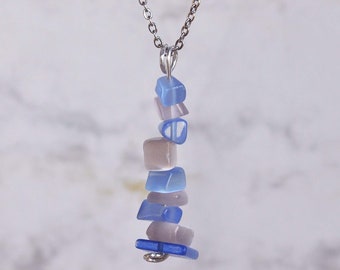 Beautiful Blue & Pink Cats Eye Chip Bead Column Pendant Necklace, Reiki Healing, Crystals, Handmade to Order,  Ladies, Gift Boxed