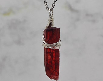 Stunning Raw Red Ruby Quartz  Wire Wrapped Pendant Necklace on a Stainless Steel Chain,  Reiki Healing, Ladies Gift