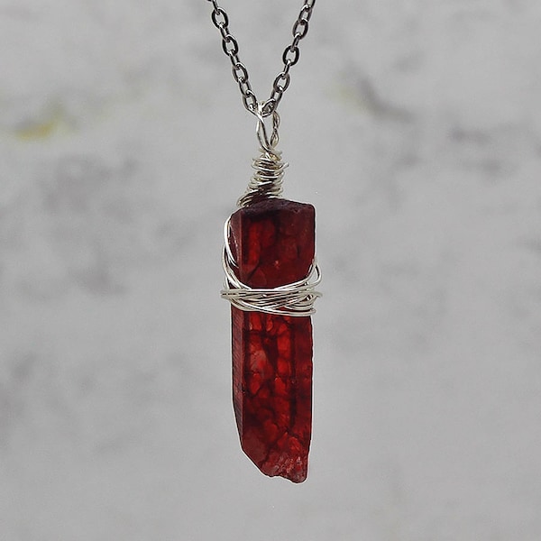 Stunning Raw Red Ruby Quartz  Wire Wrapped Pendant Necklace on a Stainless Steel Chain,  Reiki Healing, Ladies Gift