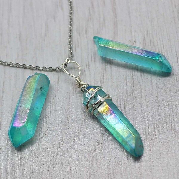 Wire Wrapped Natural Aqua Aura Quartz Crystal Point Pendant Necklace on Stainless Steel Chain, Reiki Healing, Ladies Gift, Made to Order