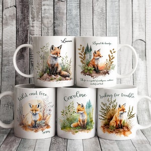 Beautiful Fox Mugs, Personalised Wildlife Gift, Any Name or Message, Plus Optional Coaster to Match, Choice of 6 Designs. Tea coffee. Foxes
