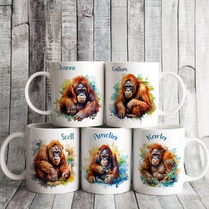 May include: Set of six white ceramic mugs with colourful watercolour illustrations of orangutans. Each mug features a different orangutan and a name: Joanne, Callum, Scott, Amelia, Karla.