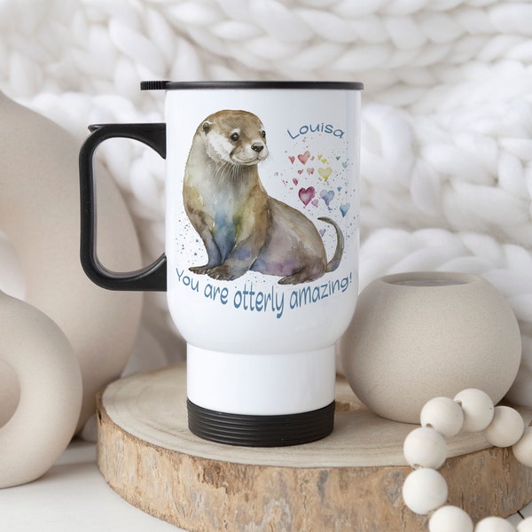 Personalised Otter Thermal Travel Mug, Stainless Steel, Insulated Mug, 2 Different Designs, Wildlife Gift, Coffee Mug Animal Lovers Gift