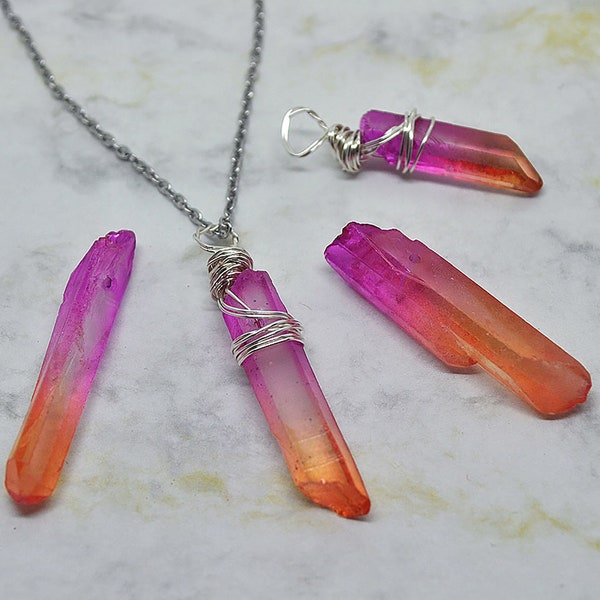 Stunning Raw Ruby and Sunshine Aura Quartz Wire Wrapped Pendant Necklace on a Stainless Steel Chain,  Reiki Healing, Ladies, Gift Boxed