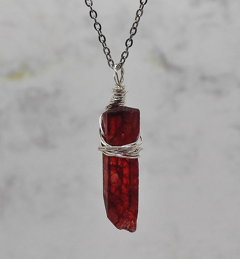 Stunning Raw Red Ruby Quartz  Wire Wrapped Pendant Necklace on a Stainless Steel Chain,  Reiki Healing, Ladies Gift 