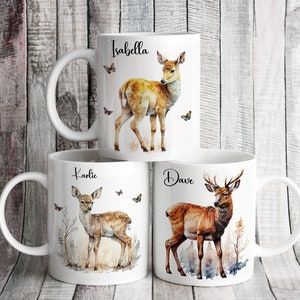Personalised Watercolour Deer Mug, 8 Designs to Choose From, Plus Optional Coaster to Match. Tea, Coffee Cup, Made to Order, Baby Deer, Stag