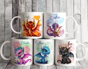 Personalised Cute Baby  Dragon Mug, Plus Optional Coaster to Match, 5 Design Choices, Glossy Ceramic Tea Coffee Cup Ladies Girls Boys Gift