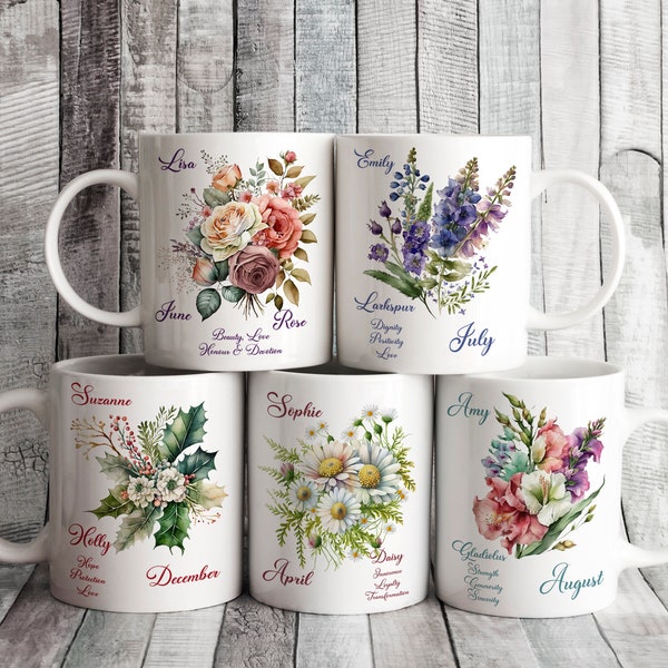 Personalised Birth Month Flower Mugs, Beautiful Floral Mug Gift, Birth Flower Coffee Mug, Special Gift, January - December, Add Any Name