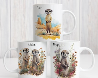 Personalised Meerkat Mug, 3 Different Designs, Plus Optional Coaster to Match,  Meerkat Coffee Mug, Animal Gift, Wildlife Gift,